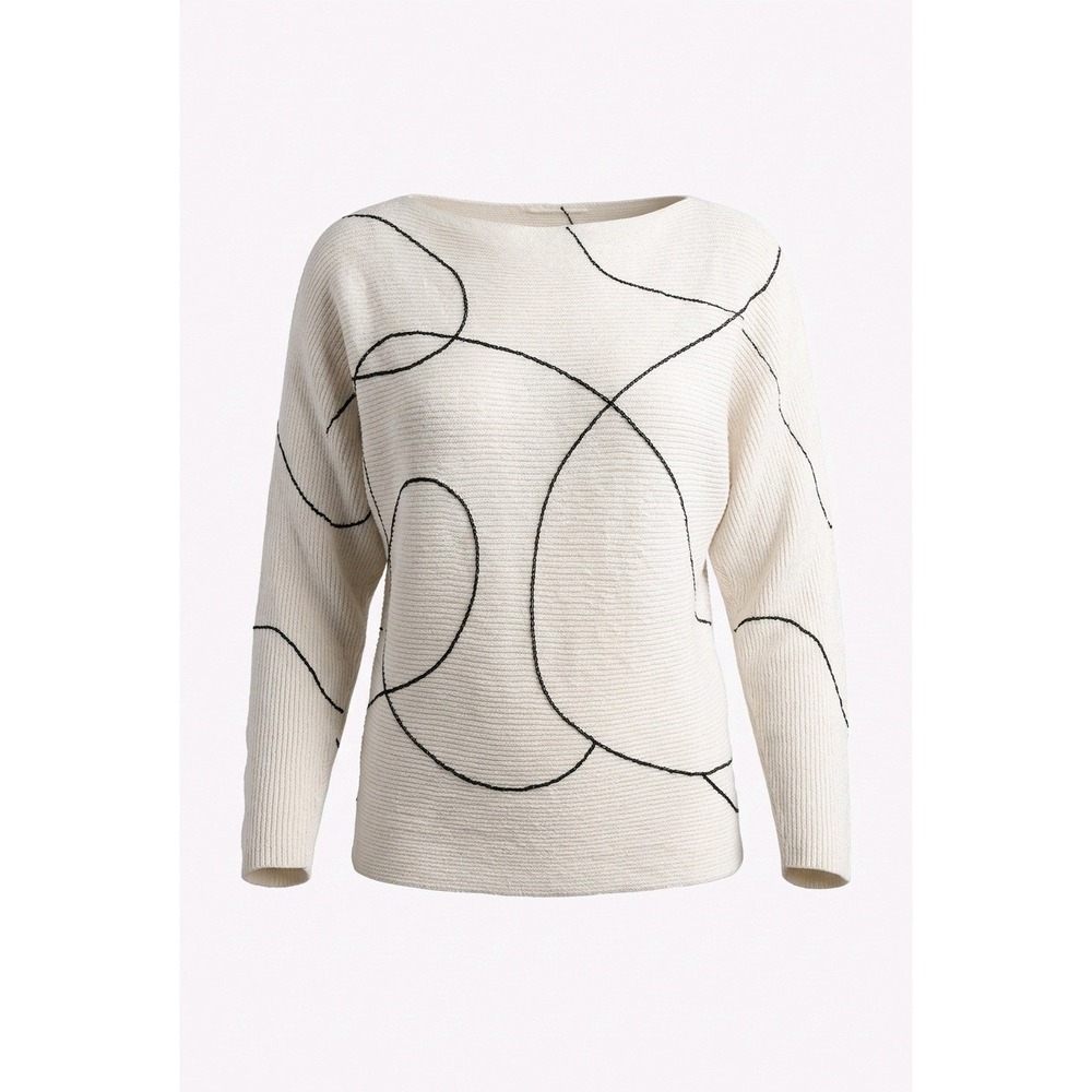 Vince Camuto Cream Ribbed Abstract Swirl Boat Neck Sweater Womens‎ PXS